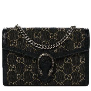 Gucci Dionysus GG Mini Chain Wallet Black Denim Handbag Silver Italy Bag NEW